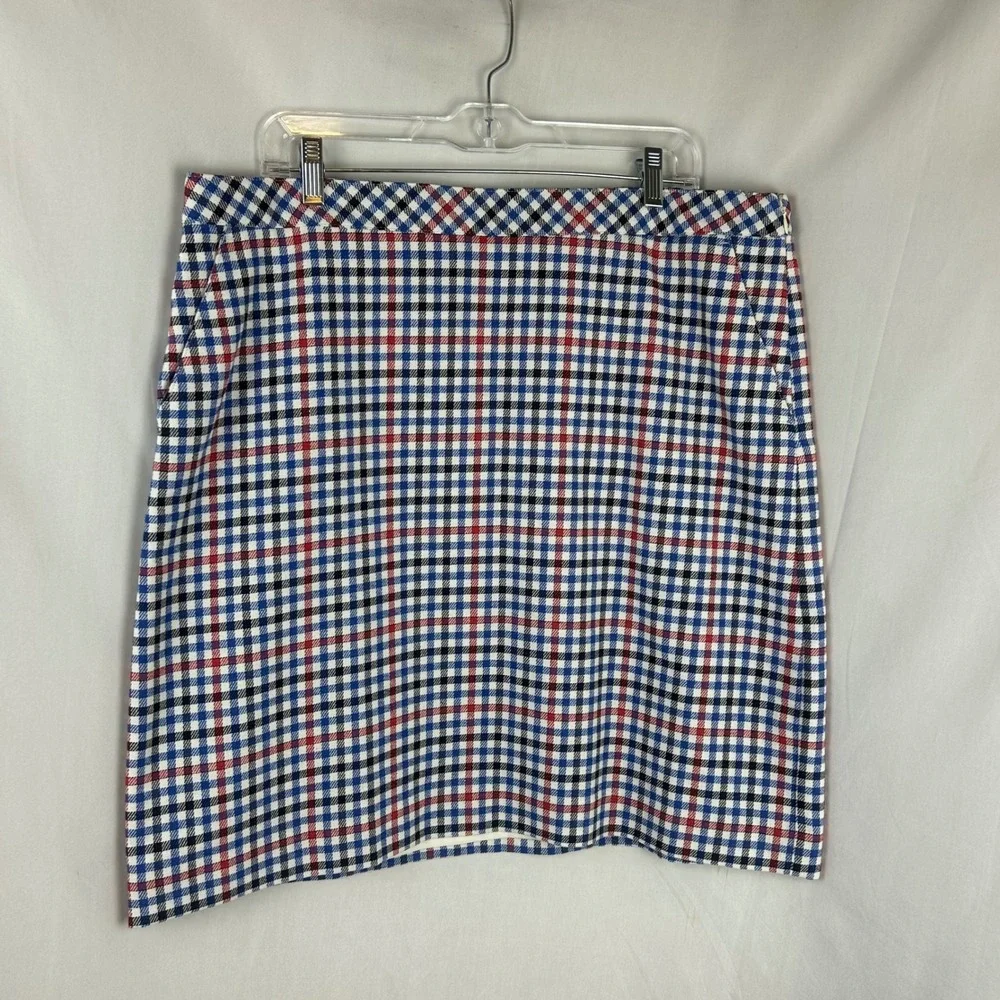 Talbots Women 16 Plaid Mini Skirt Blue Red Check Cotton Blend Pockets NWT